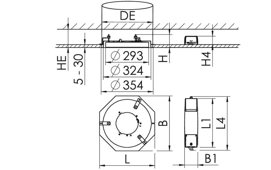Rysunek technicznej komponenty z oznaczeniami wymiarów w mm. Cylinder u góry z napisem 'DE'. Poniżej wymiary: '293', '324', '354'. Widok z boku po prawej stronie z dodatkowymi szczegółami.