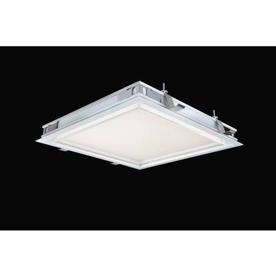 Kwadratowa lampa sufitowa o nowoczesnym designie na czarnym tle. Jest podświetlona w białym odcieniu.