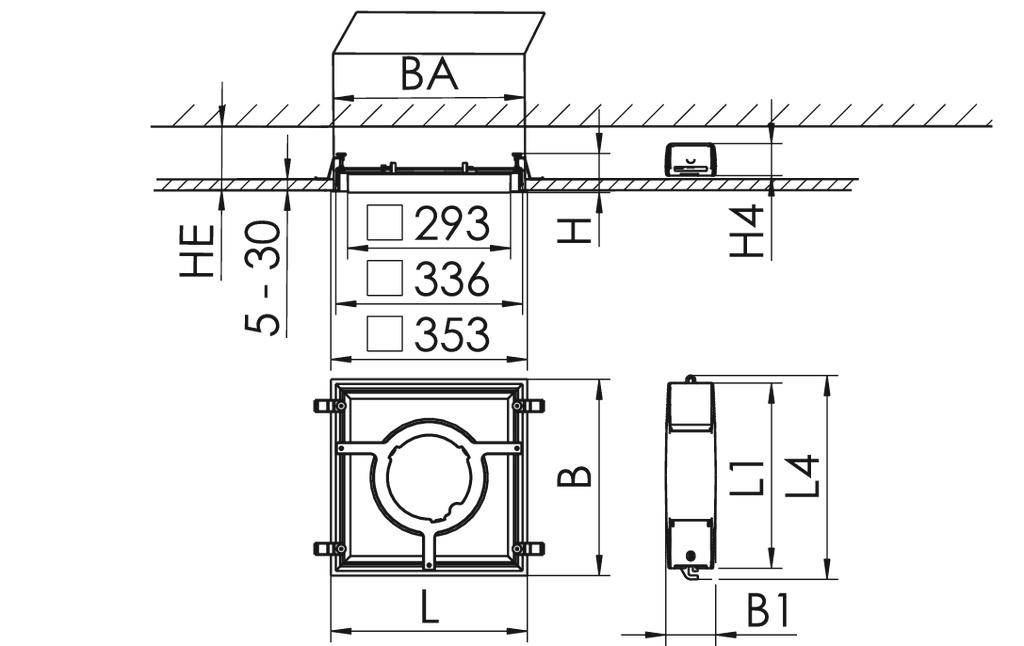 Rysunek techniczny obudowy montażowej z wymiarami: szerokość 293-353 mm, wysokość 5-30 mm, widok z boku przedstawia głębokość.