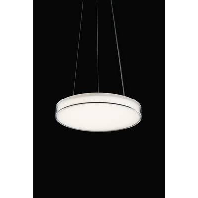 Nowoczesna, okrągła lampa sufitowa o minimalistycznym designie wisi na cienkich przewodach na czarnym tle.