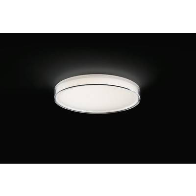 Okrągła lampa sufitowa o czystym, nowoczesnym designie emituje miękkie, równomierne światło na czarnym tle.