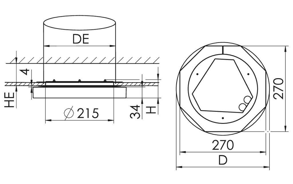 Rysunek techniczny okrągłego elementu wentylacyjnego z wymiarami: średnica 215 mm, wysokość 34 mm, całkowita szerokość 270 mm.