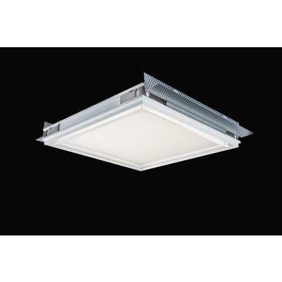 Kwadratowa lampa sufitowa LED z białą ramką, zamontowana na ciemnym tle.