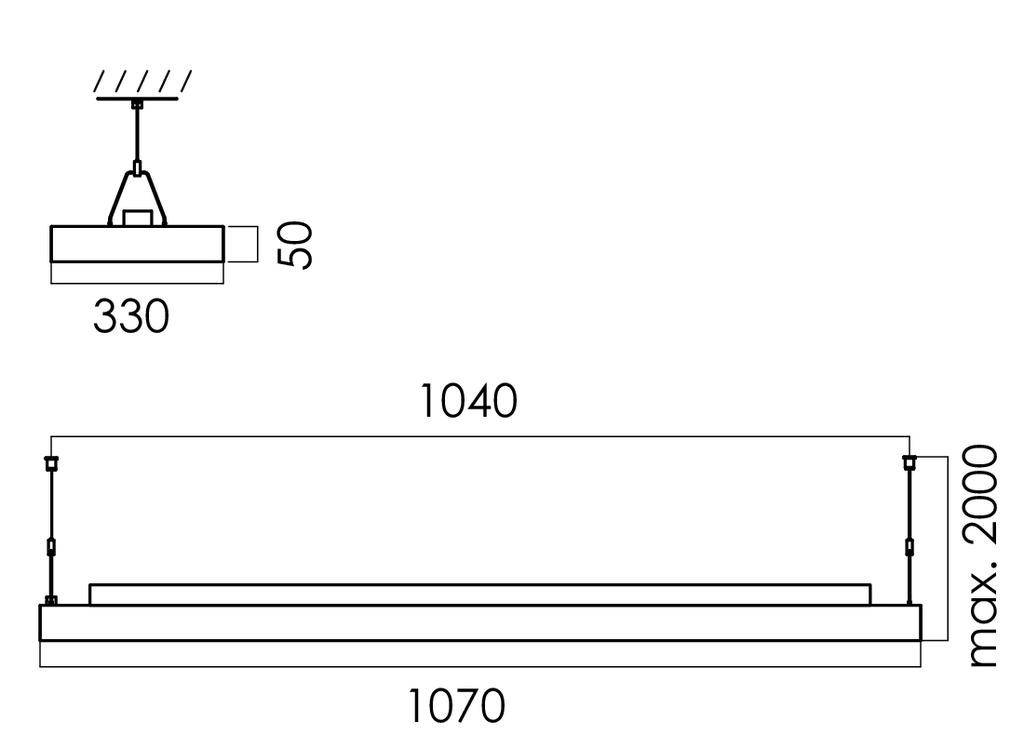 Rysunek techniczny prostokątnej lampy wiszącej o wymiarach: szerokość 1070 mm, głębokość 330 mm, maksymalna wysokość 2000 mm.