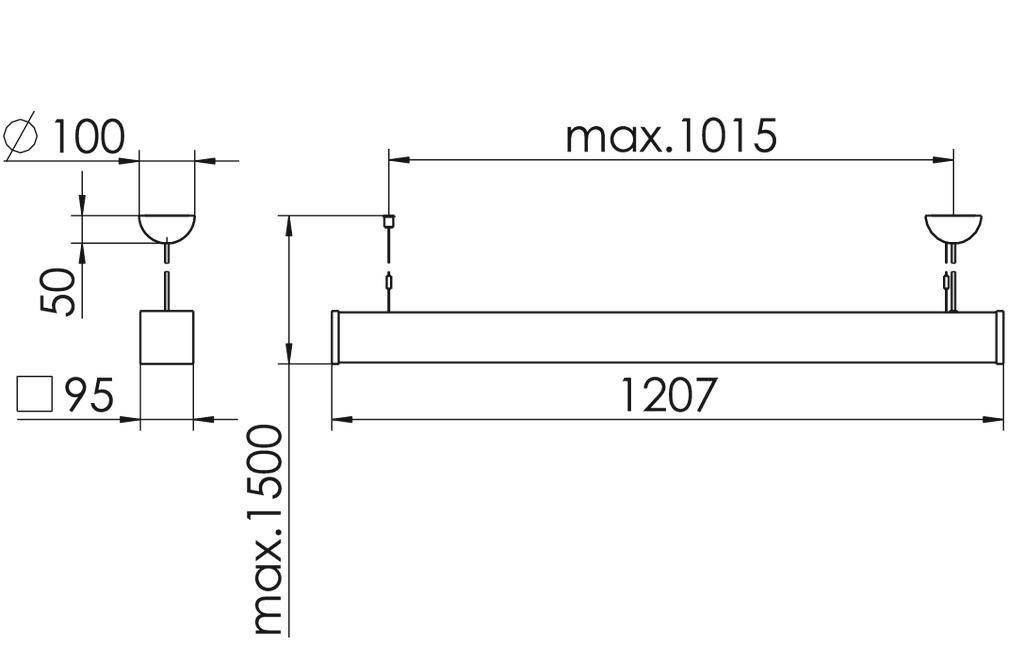Rysunek techniczny prostokątnej, wiszącej lampy z wymiarami. Maksymalna wysokość 1500 mm, szerokość 1207 mm. Wskazano średnicę linki oraz sposób mocowania.