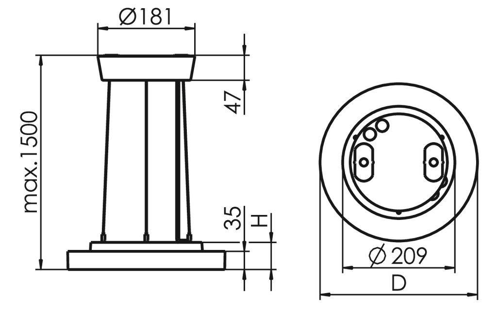 Rysunek techniczny cylindrycznej kolumny o maksymalnej wysokości 1500 mm. Średnica górna 181 mm, średnica podstawy 209 mm.