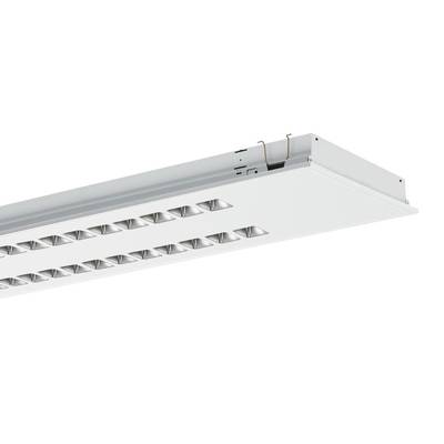 Biała, prostokątna lampa sufitowa LED z wieloma źródłami światła ułożonymi w siatkowaty wzór.