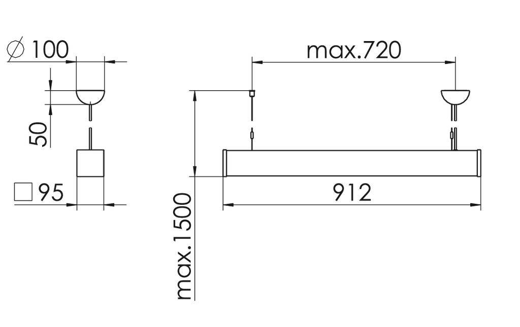 Rysunek techniczny lampy wiszącej o wymiarach: szerokość 912 mm, maksymalna wysokość 1500 mm, maksymalny dystans od sufitu 720 mm, średnica wlotu kabla Ø100 mm.