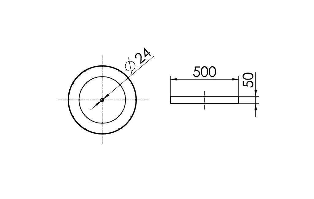 Rysunek techniczny części cylindrycznej: widok z boku o długości 500 mm, średnicy 24 mm, wysokości 50 mm.