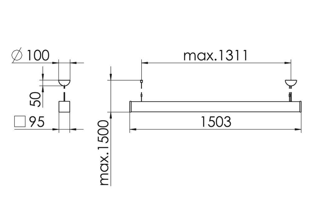 Rysunek lampy wiszącej z wymiarami: średnica 100 mm, wysokość 50 mm, szerokość 1503 mm, maksymalne zawieszenie 1500 mm.