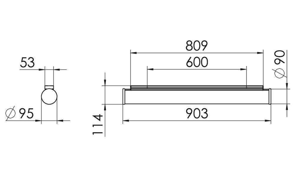 Rysunek techniczny prostokątnego obiektu o wymiarach: 903 x 114 mm. Przekrój przedstawia wysokość 53 mm. Średnica 90/95 mm.