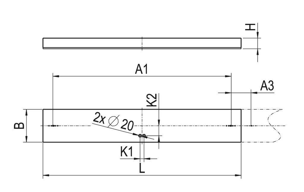 Rysunek techniczny prostokątnego elementu z wymiarami A1, B, H. Pokazane szczegóły: K1, K2, A3, L, 2x Ø20.