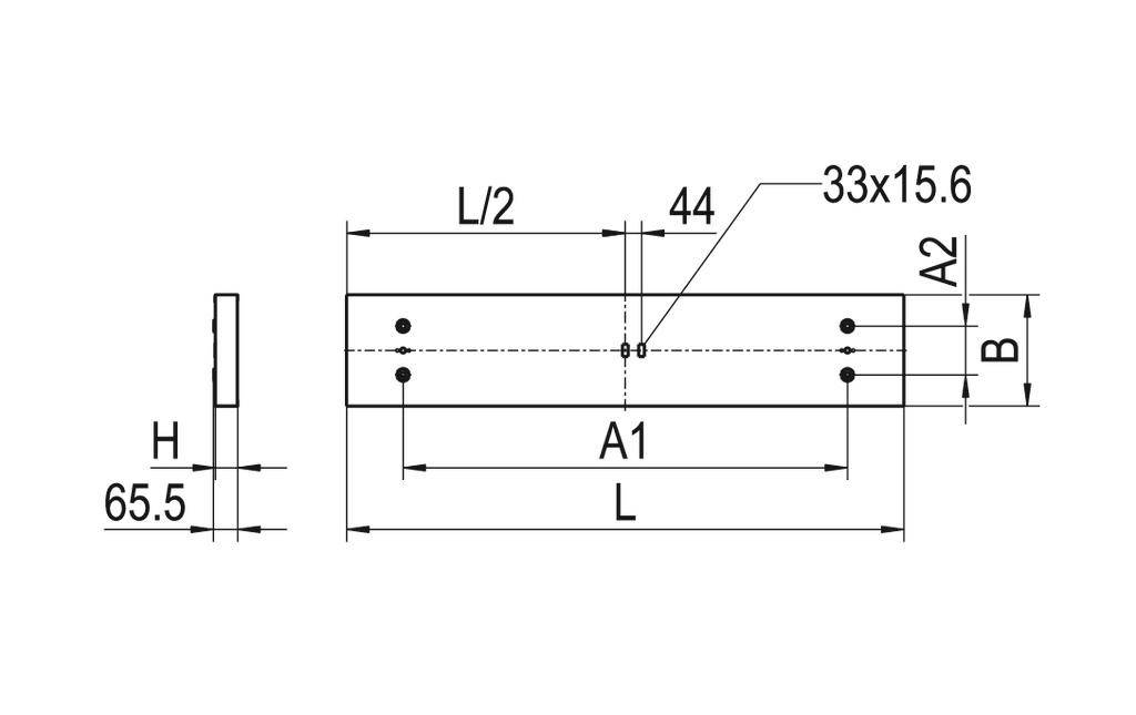 Rysunek techniczny elementu z wymiarami: wysokość 65,5, szerokość B, długość L, otwory przy 33x15,6 i 44, linie środkowe przy L/2.