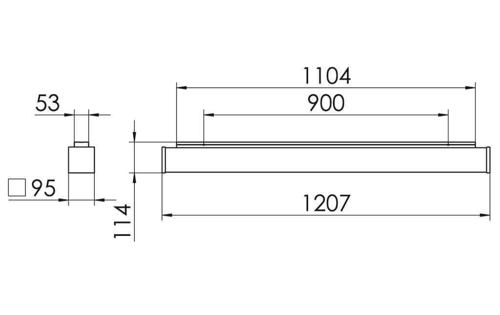 Rysunek techniczny prostokątnego obiektu o wymiarach: długość 1207 mm, szerokość 53 mm, wysokość 95 mm. Wymiary wewnętrzne 900 mm.
