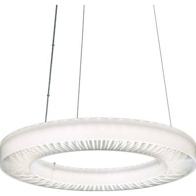 Nowoczesna, okrągła lampa wisząca z srebrną ramą i diodami LED, które emitują równomierne, białe światło.