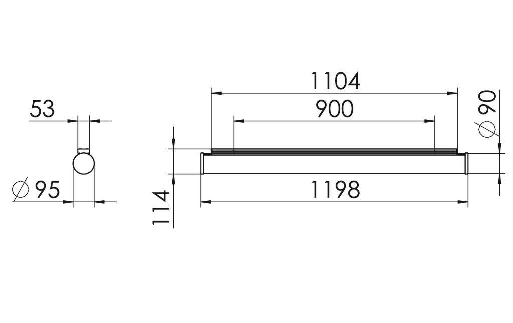 Rysunek techniczny prostokątnego obiektu. Długość: 1198, Szerokość: 90. Pokazuje również dane dotyczące wysokości i średnicy: 53 i 95.