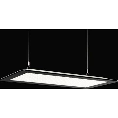 Prostokątna lampa sufitowa LED w nowoczesnym stylu, zawieszona na dwóch metalowych linkach, na czarnym tle.