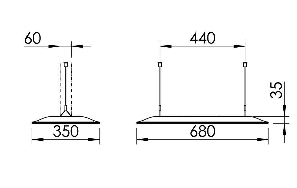 Rysunek techniczny lampy sufitowej z wymiarami: wysokość 60 mm, średnica 350 mm, szerokość 680 mm, głębokość 35 mm.