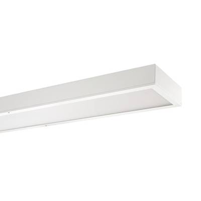 Prostokątny, biały panel sufitowy o minimalistycznym designie, zawieszony jest horyzontalnie w pomieszczeniu i zapewnia równomierne oświetlenie.