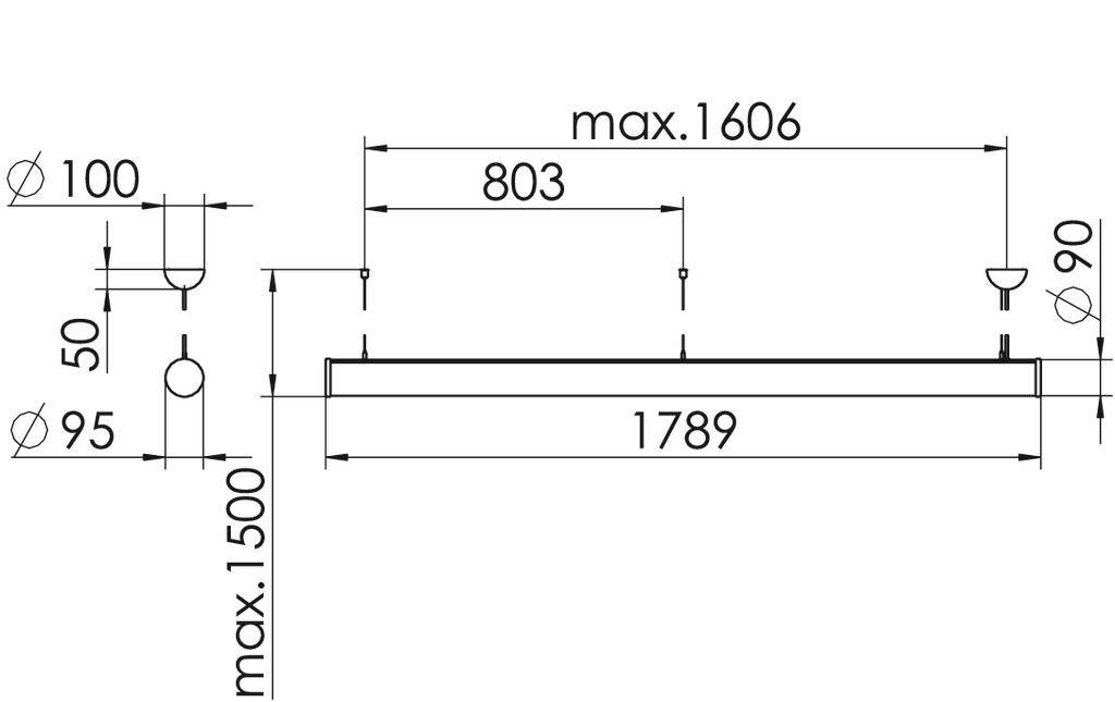 Rysunek techniczny lampy wiszącej o wymiarach 1789 mm długości, maksymalnie 1500 mm wysokości i maksymalnie 1606 mm szerokości.