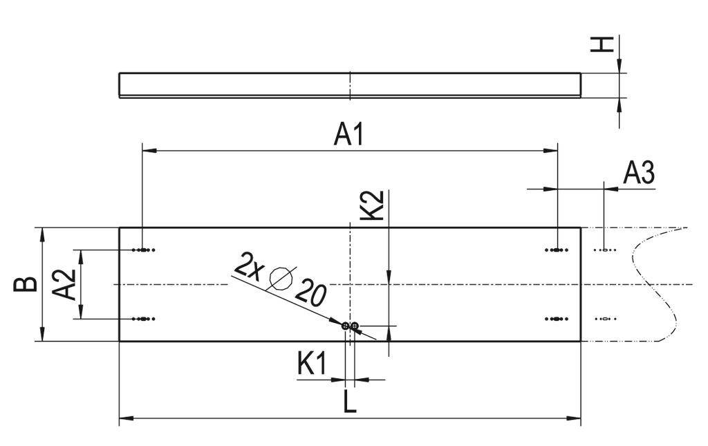 Rysunek techniczny prostokątnego elementu z detalami długości A1, szerokości A2 i A3, oraz K1, K2 i dwoma otworami o średnicy Ø20.