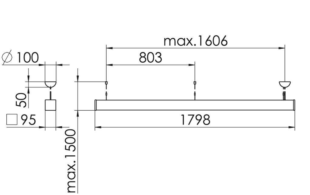 Rysunek techniczny podłużnej lampy wiszącej. Wymiary: długość 1798 mm, szerokość 95 mm, wysokość regulowana do 1500 mm. Punkty montażowe oznaczone.