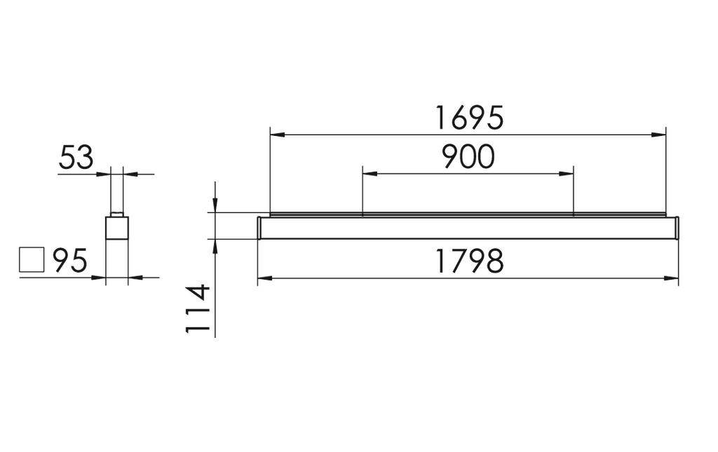 Rysunek techniczny prostokątnego obiektu o wymiarach: 1798 mm długości, 114 mm wysokości, 900 mm średniej długości.