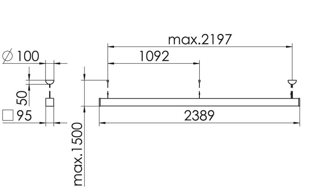 Rysunek techniczny długiej prostokątnej lampy z zawiesiami. Całkowita długość 2389 mm, maksymalna wysokość 1500 mm.