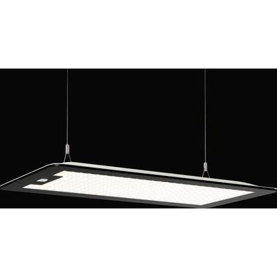 Prostokątna, nowoczesna lampa wisząca z cienką metalową ramą i wzorem plastra miodu, oświetlająca obszar od góry.