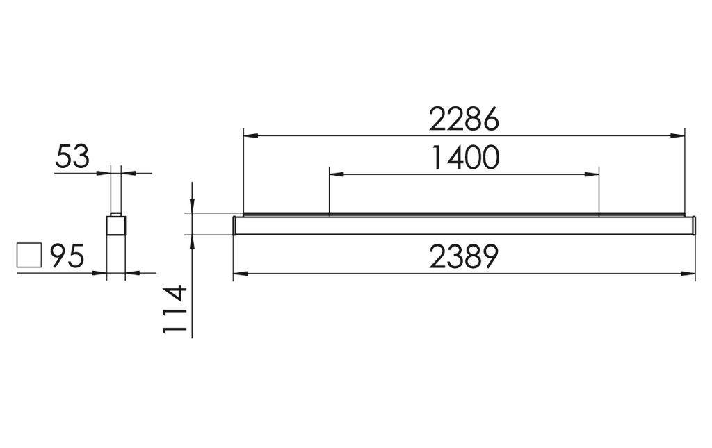 Rysunek techniczny prostokątnego elementu o wymiarach: długość 2389 mm, szerokość 114 mm, wysokość 53 mm; pozostałe wymiary i linie oznaczone.