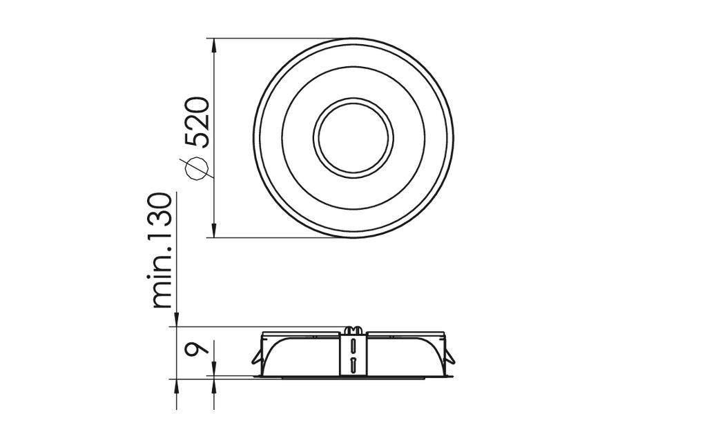 Rysunek techniczny okrągłego obiektu o średnicy 520 mm. Minimalna wysokość wynosi 130 mm, a wskazana wysokość to 9 mm.