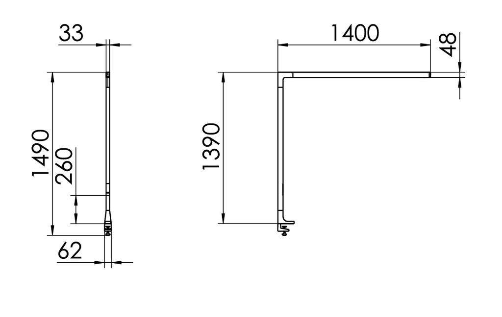 Rysunek techniczny metalowego elementu o profilu L z wymiarowaniem: wysokość 1490 mm, szerokość 1400 mm, dodatkowe wymiary w różnych miejscach.