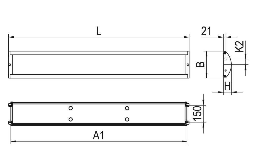 Rysunek techniczny prostokątnego elementu o wymiarach: długość (L), szerokość (B), wysokość (H), A1=150 oraz K2=21.