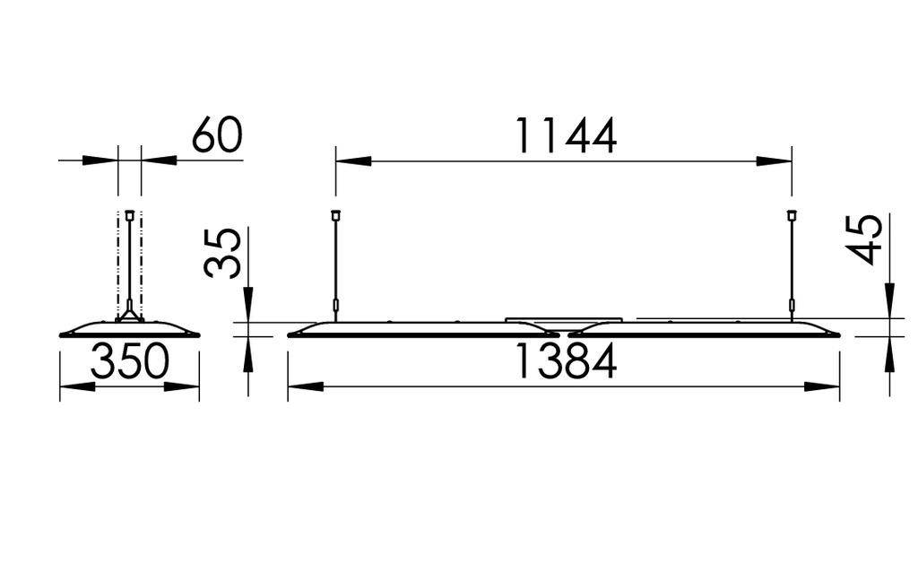 Rysunek techniczny prostokątnego obiektu o wymiarach: szerokość 1384 mm, wysokość 45 mm; przekrój o szerokości 350 mm i wysokości 35 mm.