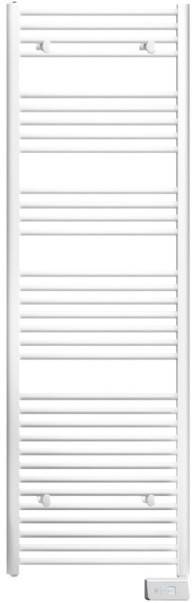 Biały grzejnik drabinkowy z wieloma poziomymi szczebelkami i panelem sterowania w dolnym prawym rogu.