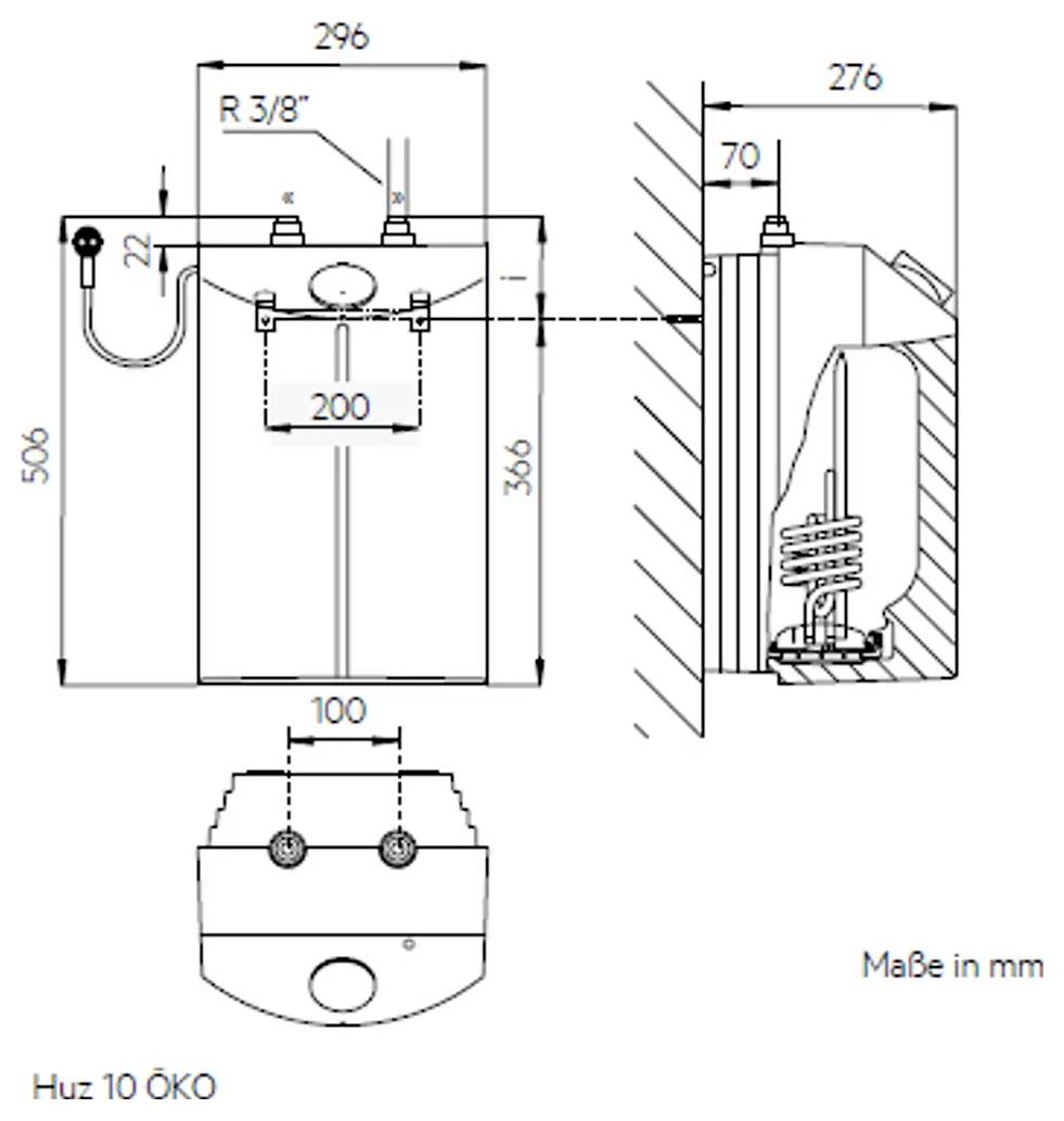 Rysunek techniczny przyspieszacza przepływu z wymiarami: szerokość 276 mm, wysokość 506 mm, głębokość 296 mm. Pokazuje połączenia i szczegóły dotyczące instalacji.