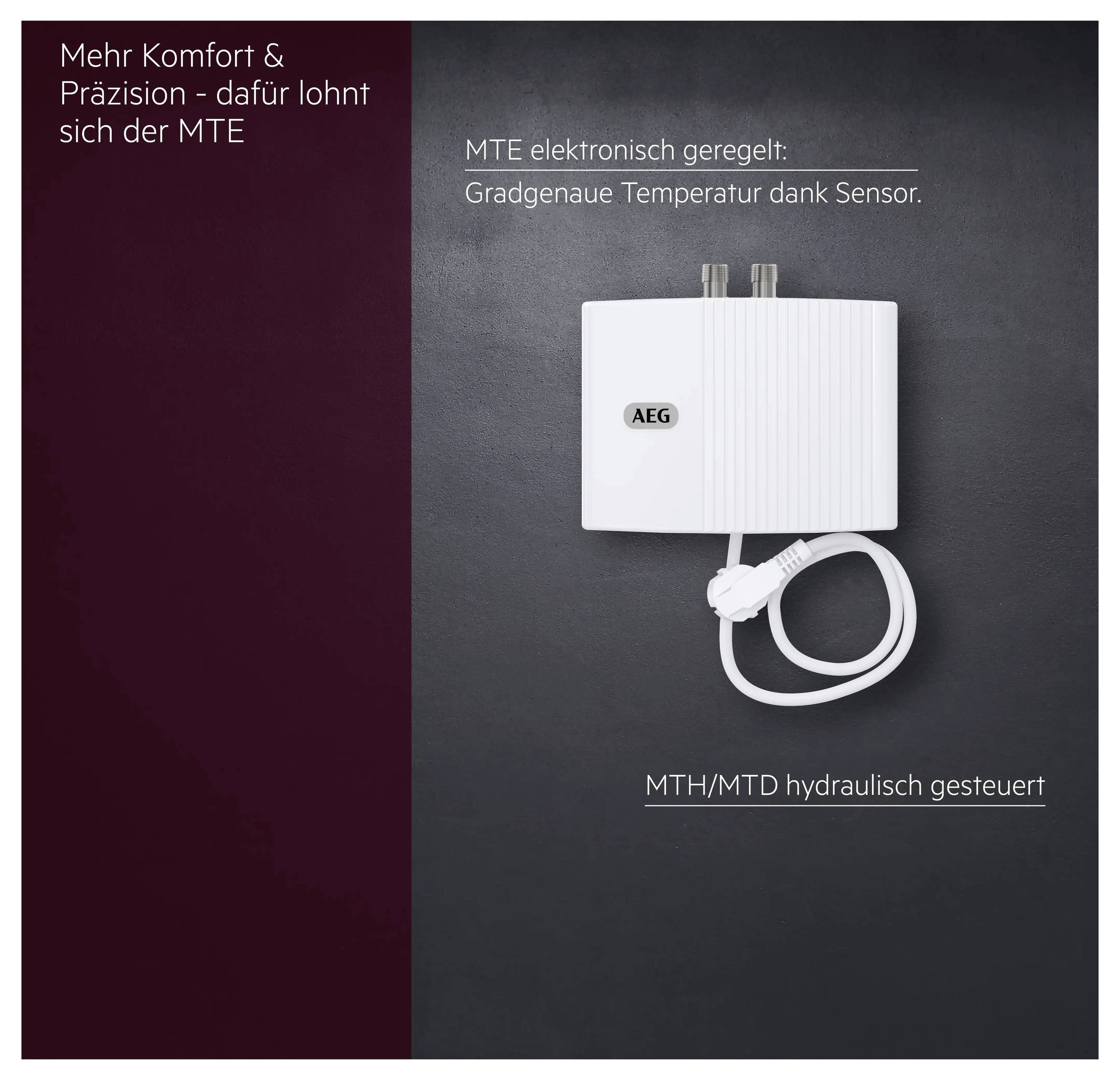 'Więcej wygody i precyzji - to się opłaca w MTE.' Obraz elektronicznego przepływowego podgrzewacza wody firmy AEG, z kontrolą czujnika.