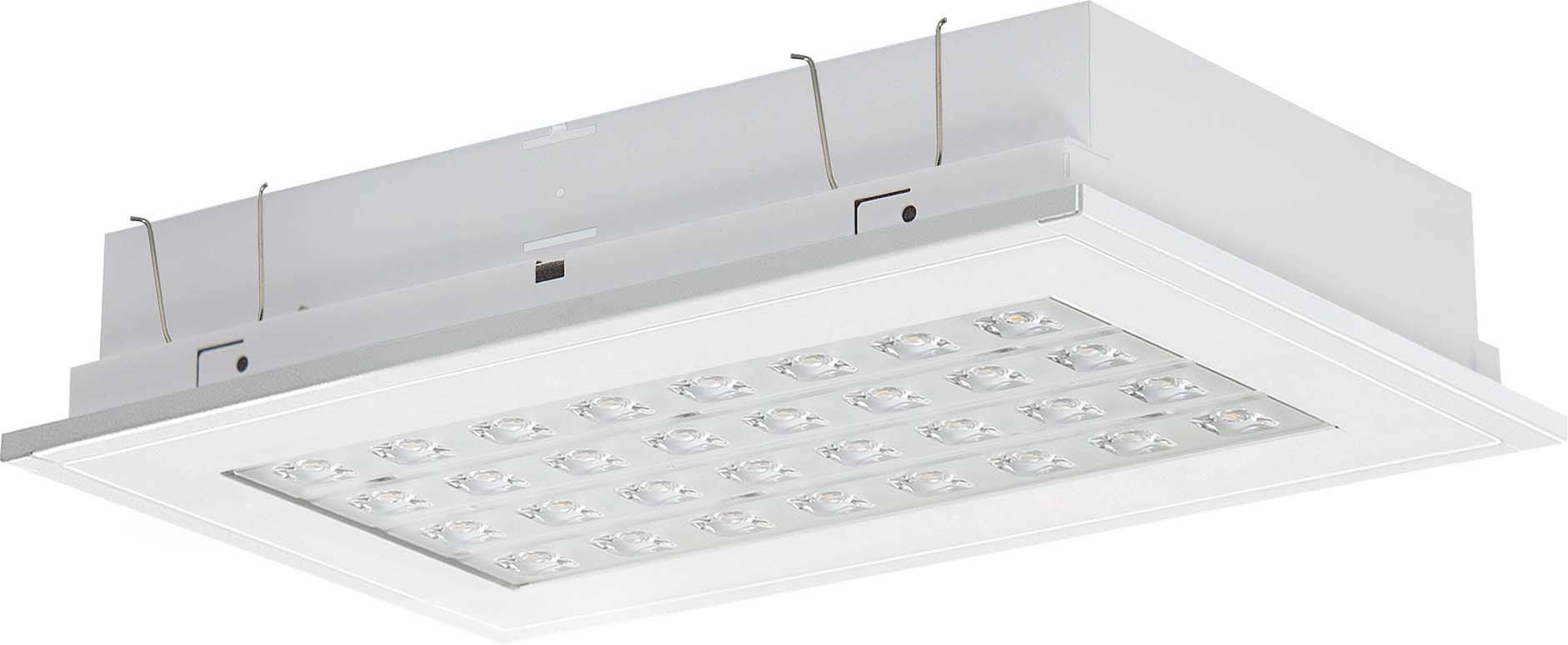 Plafon z prostokątną, płaską obudową i wieloma lampami LED, odpowiedni do oświetlenia wnętrz.