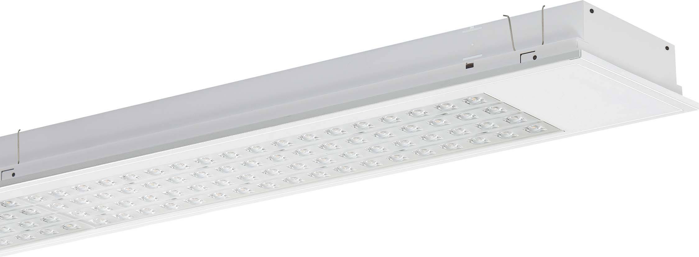Prostokątna lampa sufitowa LED, wyposażona w liczne diody LED na dolnej powierzchni, przeznaczona do biur lub zastosowań przemysłowych.