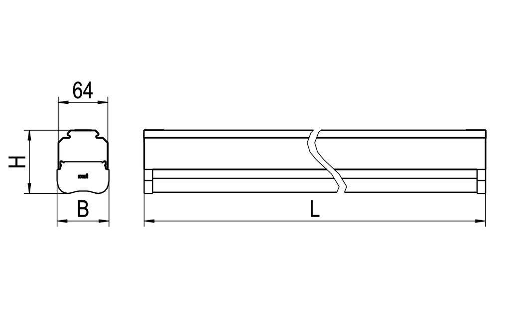 Rysunek techniczny prostokątnego obiektu z wymiarami: wysokość (H), szerokość (B), długość (L) oraz szerokość 64 mm. Widok z boku od góry.