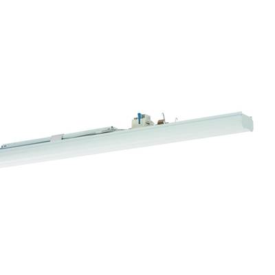 Lampa sufitowa z podłużną białą listwą świetlną i widocznymi elementami elektronicznymi na wierzchniej części.
