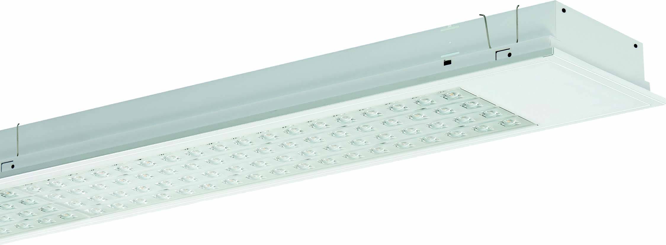 Podłużna lampa LED w kolorze szarym, zamontowana na suficie. Została zaprojektowana do jasnego oświetlenia wnętrz.