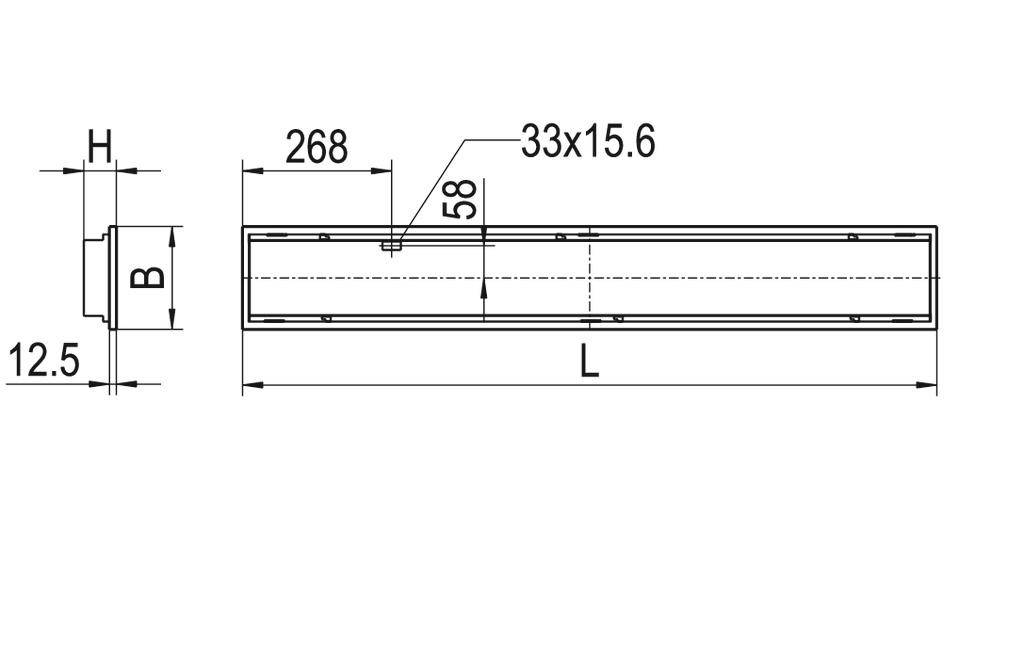 Rysunek techniczny prostokątnego elementu o wymiarach 268x58, głębokość 33x15,6 mm. Odległość boczna B, wysokość H 12,5 mm.