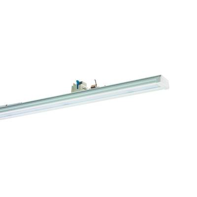 Nowoczesna, podłużna lampa sufitowa LED w prostym, białym wzornictwie z zintegrowanym modułem przyłączeniowym.