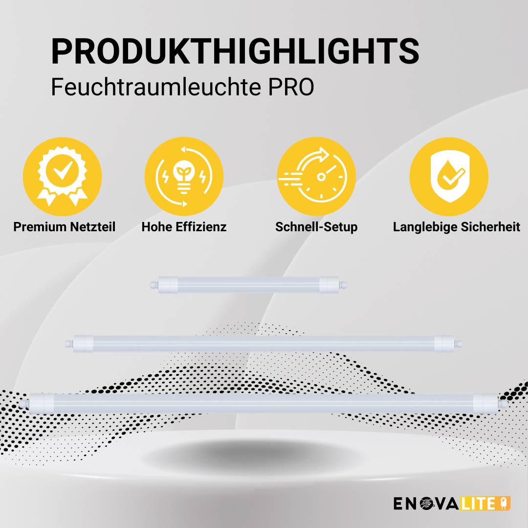 GŁÓWNE CECHY PRODUKTU<br><br>Oprawa do pomieszczeń wilgotnych PRO<br><br>Symbole: <br>- Zasilacz premium<br>- Wysoka wydajność<br>- Szybka instalacja<br>- Długotrwałe bezpieczeństwo<br><br>Trzy oprawy oświetleniowe na ilustracji