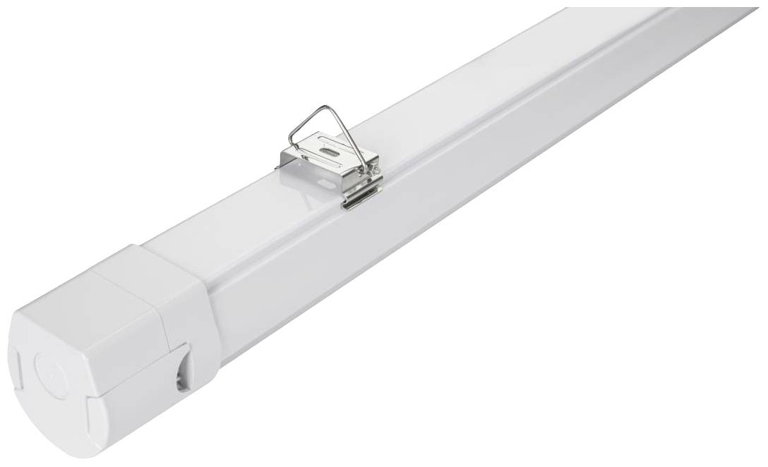 Podłużna, biała lampa LED w kształcie rurki z zamontowanym metalowym klipsem i plastikową zaślepką na końcu, odpowiednia do montażu sufitowego lub ściennego wewnątrz pomieszczeń.