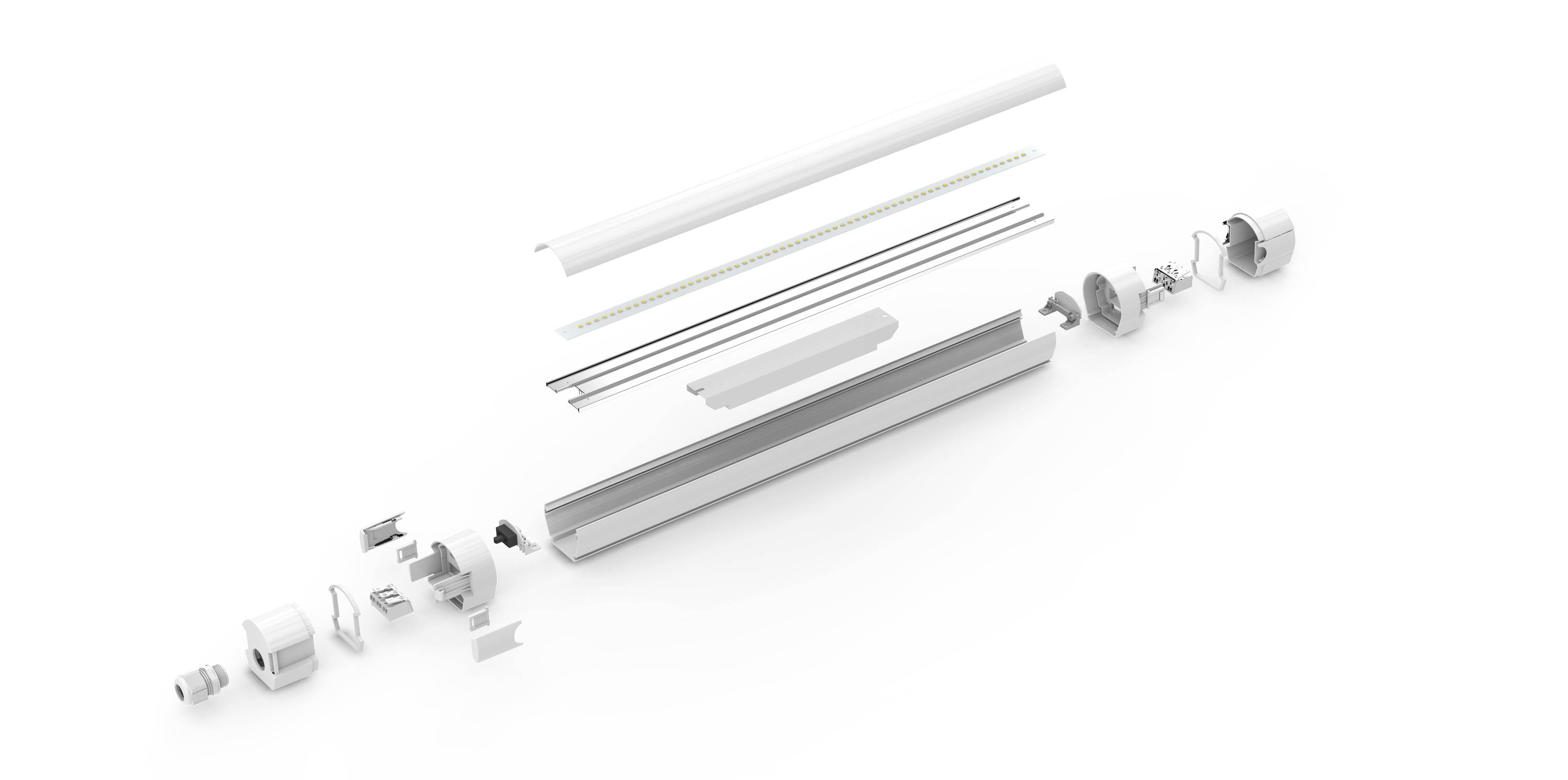 Widok rozstrzelony systemu oświetlenia LED z różnymi komponentami, takimi jak rury, szyny, śruby i złączki, na białym tle.