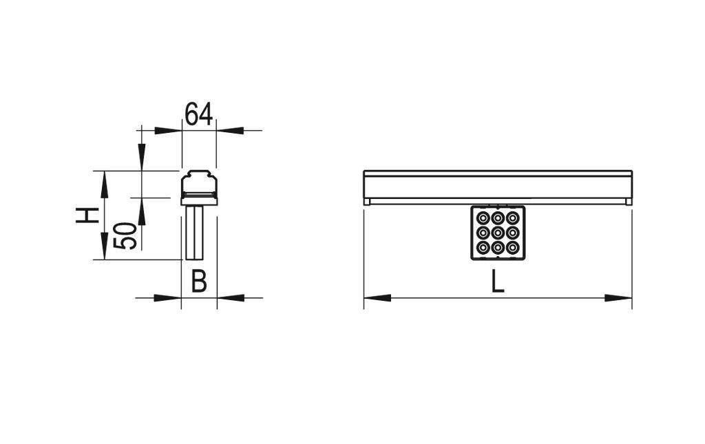 Rysunek techniczny elementu elektronicznego z wymiarami H=50, B=węższy niż H, L=szerokość widoku z boku wraz ze szczegółową widocznością from frontu.