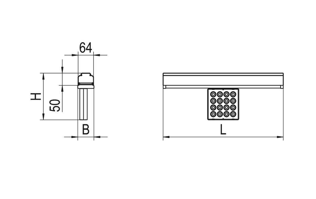 Rysunek techniczny prostokątnego elementu z wymiarami: szerokość (B) 64 mm, wysokość (H) 50 mm, długość (L) nieokreślona. Widok boczny i czołowy.