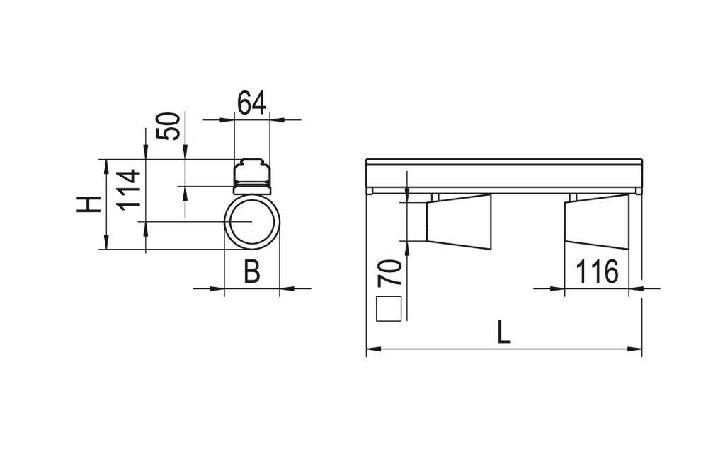 Rysunek techniczny prostokątnego przedmiotu z wymiarami: wysokość (H) 114 mm, szerokość (B) i długość (L) z szczegółami bocznymi.